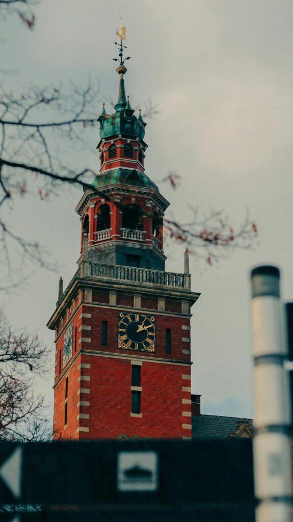 Explore a historic clock tower with unique architecture in Leer, Germany.