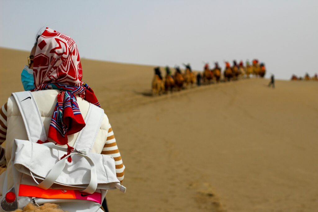 Back view of people on a camel caravan in a desert landscape under a cloudy sky.